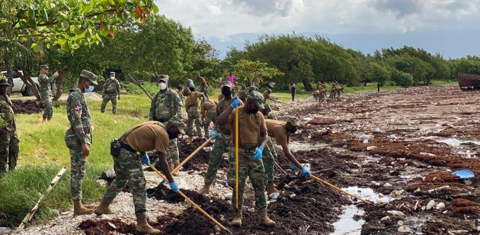 Más de 400 personas se suman en Barahona a un operativo para retirar el sargazo que invade playas y costa
